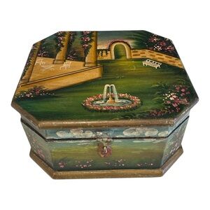 Vintage Handpainted Made in India British Colonial Scene on Wooden Box w/latch